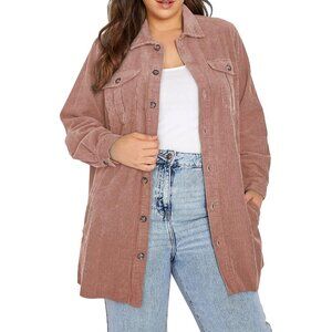 Womens Pink Plus Size Plaid Shacket Long Sleeve Button Down Casual Jacket